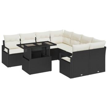 9-teiliges Garten-Sofa-Set mit Kissen Schwarz Poly Rattan, 2-Sitzer Garten-Sofa mit Kissen Schwarz Poly Rattan