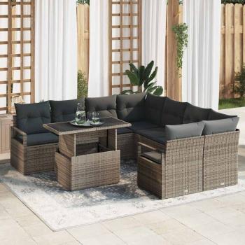 ARDEBO.de - 9-teiliges Garten Sofa Set mit Kissen Grau Poly Rattan, 2-Sitzer Garten Sofa mit Kissen Grau Poly Rattan