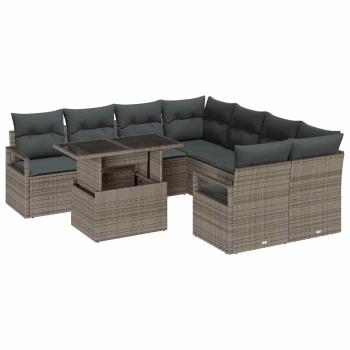 9-teiliges Garten Sofa Set mit Kissen Grau Poly Rattan, 2-Sitzer Garten Sofa mit Kissen Grau Poly Rattan