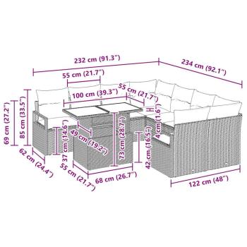9-Teiliges Garten Sofa Set mit Kissen Hellgrau Poly Rattan, 2-Sitzer Garten Sofa mit Kissen Grau Poly Rattan