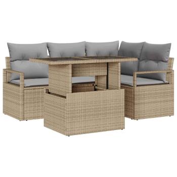 5-teiliges Garten-Sofa-Set mit Kissen Beige Poly-Rattan, 2-Sitzer Garten-Sofa mit Kissen Beige Poly-Rattan