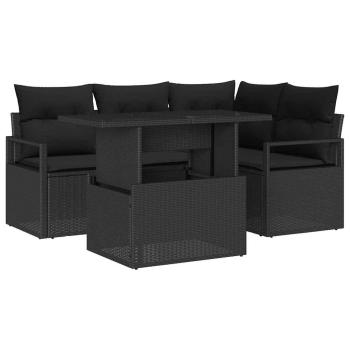 5-teiliges Garten Sofa Set mit Kissen, schwarzes Poly Rattan, 2-Sitzer Garten Sofa mit Kissen, schwarzes Poly Rattan