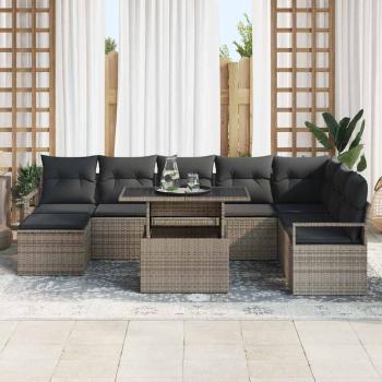 9-teiliges Garten Sofa Set mit Kissen Grau Poly Rattan, 2-Sitzer Garten Sofa mit Kissen Grau Poly Rattan
