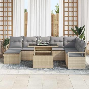 9-teiliges Garten Sofaset mit Kissen Beiges Poly Rattan, 2-Sitzer Garten Sofa mit Kissen Beiges Poly Rattan