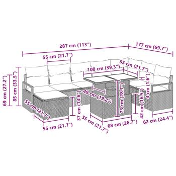 9-teiliges Garten-Sofa-Set mit Kissen Hellgrau Poly Rattan, 2-Sitzer Garten-Sofa mit Kissen Grau Poly Rattan