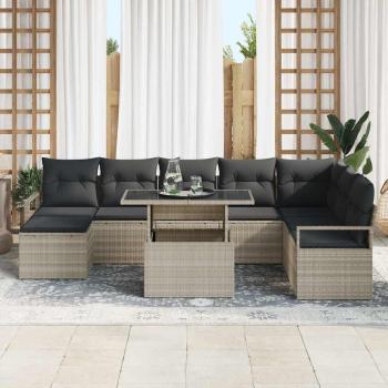 9-teiliges Garten-Sofa-Set mit Kissen Hellgrau Poly Rattan, 2-Sitzer Garten-Sofa mit Kissen Grau Poly Rattan