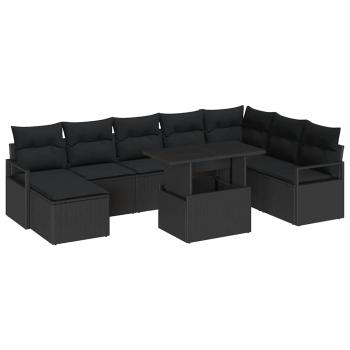 9-teiliges Garten Sofaset mit Kissen Schwarz Poly Rattan, 2-Sitzer Garten Sofa mit Kissen Schwarz Poly Rattan
