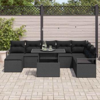 9-teiliges Garten Sofaset mit Kissen Schwarz Poly Rattan, 2-Sitzer Garten Sofa mit Kissen Schwarz Poly Rattan