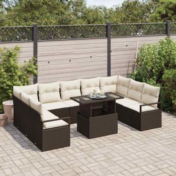 10-teiliges Garten Sofa Set mit Kissen, braunes Poly Rattan, 2-Sitzer Garten Sofa mit Kissen, braunes Poly Rattan