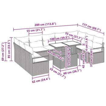 10-teiliges Garten Sofa Set mit Kissen Grau Poly Rattan, 2-Sitzer Garten Sofa mit Kissen Grau Poly Rattan