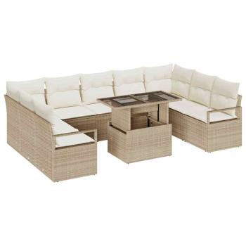 ARDEBO.de - 10-teiliges Garten-Sofa-Set mit Kissen Beige Poly-Rattan, 2-Sitzer Garten-Sofa mit Kissen Beige Poly-Rattan