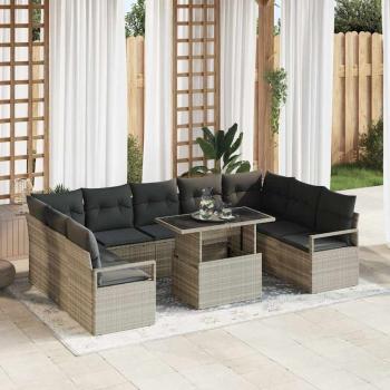 ARDEBO.de - 10-teiliges Garten-Sofa-Set mit Kissen Hellgrau Poly Rattan, 2-Sitzer Garten-Sofa mit Kissen Grau Poly Rattan