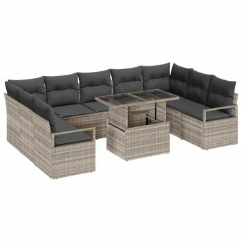 10-teiliges Garten-Sofa-Set mit Kissen Hellgrau Poly Rattan, 2-Sitzer Garten-Sofa mit Kissen Grau Poly Rattan