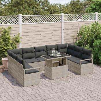 10-teiliges Garten-Sofa-Set mit Kissen Hellgrau Poly Rattan, 2-Sitzer Garten-Sofa mit Kissen Grau Poly Rattan
