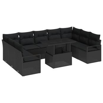 10-teiliges Garten-Sofa-Set mit Kissen Schwarz Poly-Rattan, 2-Sitzer Garten-Sofa mit Kissen Schwarz Poly-Rattan