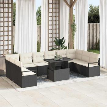 ARDEBO.de - 11-teiliges Garten-Sofa-Set mit Kissen Schwarz Poly Rattan, 2-Sitzer Garten-Sofa mit Kissen Schwarz Poly Rattan
