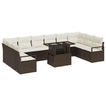 11-teiliges Garten Sofa Set mit Kissen Braun Poly Rattan, 2-Sitzer Garten Sofa mit Kissen Braun Poly Rattan