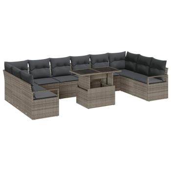 11-teiliges Garten Sofa Set mit Kissen Graues Poly Rattan, 2-Sitzer Garten Sofa mit Kissen Graues Poly Rattan