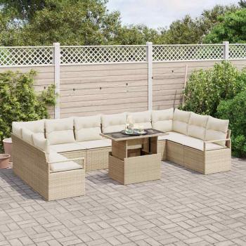 11-teiliges Garten Sofa Set mit Kissen Beige Poly Rattan, 2-Sitzer Garten Sofa mit Kissen Beige Poly Rattan