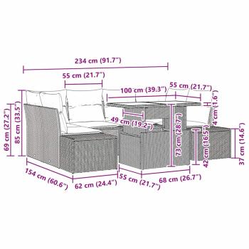 7-teiliges Garten Sofa Set mit Kissen Grau Poly Rattan