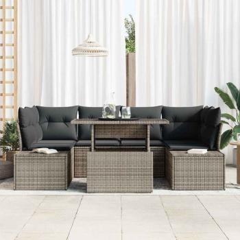 7-teiliges Garten Sofa Set mit Kissen Grau Poly Rattan