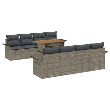 9-teiliges Garten Sofa Set mit Kissen Grau Poly Rattan Akazie