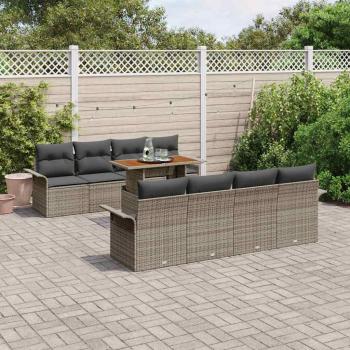 9-teiliges Garten Sofa Set mit Kissen Grau Poly Rattan Akazie