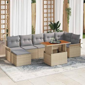 ARDEBO.de - 8-teilige Garten Essgruppe mit Kissen Beige Poly Rattan Akazie