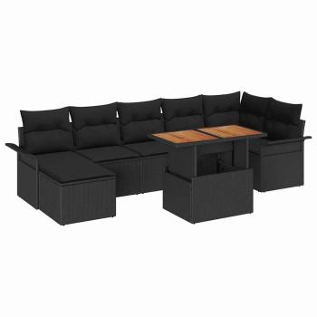 8-teiliges Garten-Ess-Set mit Kissen Schwarz Poly-Rattan Akazie