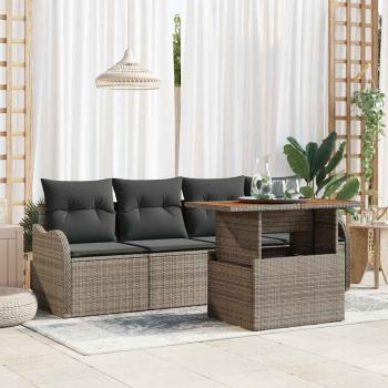 ARDEBO.de - 5-teiliges Garten Sofa Set mit Kissen Grau Poly Rattan Akazie, 2-Sitzer Garten Sofa mit Kissen Grau Poly Rattan