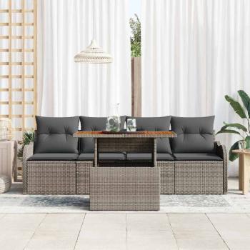 5-teiliges Garten Sofa Set mit Kissen Grau Poly Rattan Akazie, 2-Sitzer Garten Sofa mit Kissen Grau Poly Rattan