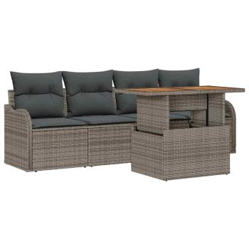 5-teiliges Garten Sofa Set mit Kissen Grau Poly Rattan Akazie, 2-Sitzer Garten Sofa mit Kissen Grau Poly Rattan