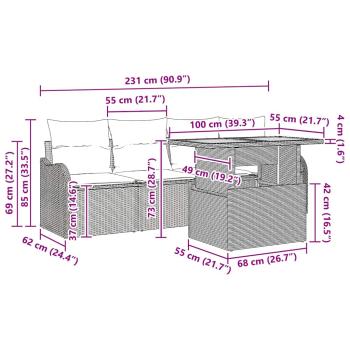 5-teiliges Garten Sofa Set mit Kissen Grau Poly Rattan Akazie, 2-Sitzer Garten Sofa mit Kissen Grau Poly Rattan
