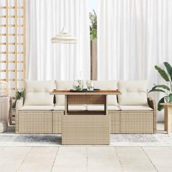 5-teiliges Garten Sofa Set mit Kissen Beige Poly Rattan Akazie, 2-Sitzer Garten Sofa mit Kissen Beige Poly Rattan