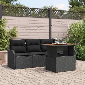 ARDEBO.de - 5-teilige Garten Sofa Set mit Kissen Schwarz Poly Rattan Akazie, 2-Sitzer Garten Sofa mit Kissen Schwarz Poly Rattan