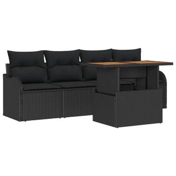 5-teilige Garten Sofa Set mit Kissen Schwarz Poly Rattan Akazie, 2-Sitzer Garten Sofa mit Kissen Schwarz Poly Rattan