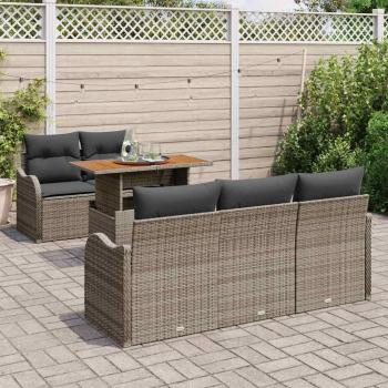 6-teiliges Garten Sofa Set mit Kissen Grau Poly Rattan Akazie, 2-Sitzer Garten Sofa mit Kissen Grau Poly Rattan