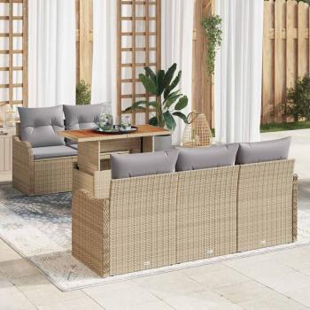 ARDEBO.de - 6-teiliges Garten Sofa Set mit Kissen Beige aus Poly Rattan Akazie, 2-Sitzer Garten Sofa mit Kissen Beige aus Poly Rattan