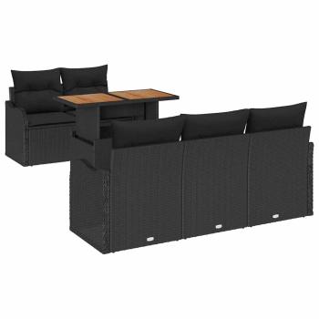 6-teiliges Garten-Sofaset mit Kissen Schwarz Poly-Rattan Akazie, 2-Sitzer Garten-Sofa mit Kissen Schwarz Poly-Rattan