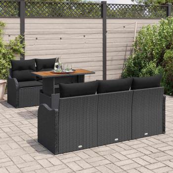 6-teiliges Garten-Sofaset mit Kissen Schwarz Poly-Rattan Akazie, 2-Sitzer Garten-Sofa mit Kissen Schwarz Poly-Rattan