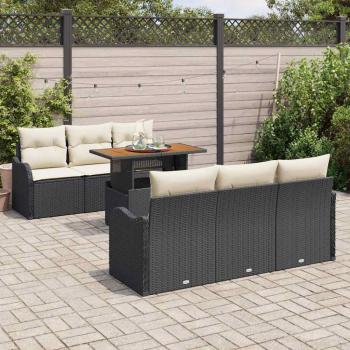 7-teiliges Garten-Sofaset mit Kissen Schwarz Poly Rattan Akazie, 2-Sitzer Garten-Sofa mit Kissen Schwarz Poly Rattan