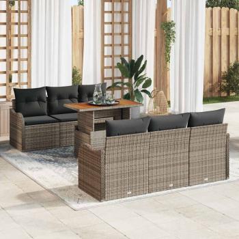 ARDEBO.de - 7-teiliges Garten Sofa Set mit Kissen Grau Poly Rattan Akazie, 2-Sitzer Garten Sofa mit Kissen Grau Poly Rattan