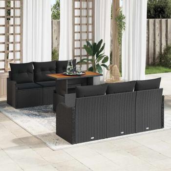 ARDEBO.de - 7-teiliges Garten Sofa Set mit Kissen Schwarz Poly Rattan Akazie, 2-Sitzer Garten Sofa mit Kissen Schwarz Poly Rattan