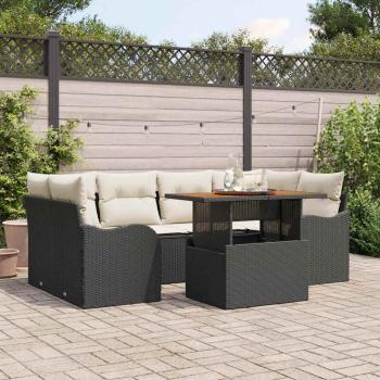 ARDEBO.de - 7-teiliges Garten Sofa Set mit Kissen Schwarz Poly Rattan Akazie, 2-Sitzer Garten Sofa mit Kissen Schwarz Poly Rattan
