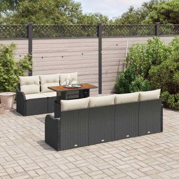 8-teiliges Garten Sofa Set mit Kissen Schwarz Poly Rattan Akazie, 2-Sitzer Garten Sofa mit Kissen Schwarz Poly Rattan