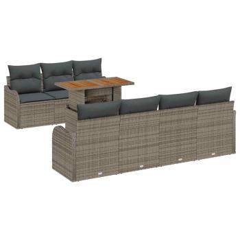 8-teiliges Garten Sofa Set mit Kissen Grau Poly Rattan Akazie, 2-Sitzer Garten Sofa mit Kissen Grau Poly Rattan