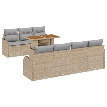 8-Teiliges Garten Sofa Set mit Kissen Beige Poly Rattan Akazie, 2-Sitzer Garten Sofa mit Kissen Beige Poly Rattan