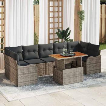ARDEBO.de - 8-teiliges Garten Sofaset mit Kissen grau Poly Rattan Akazie, 2-Sitzer Garten Sofa mit Kissen graue Poly Rattan