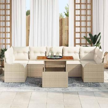 8-teiliges Garten Sofa Set mit Kissen Beige Poly Rattan Akazie, 2-Sitzer Garten Sofa mit Kissen Beige Poly Rattan