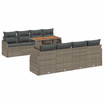 9-teiliges Garten Sofa Set mit Kissen Graues Poly Rattan Akazie, 2-Sitzer Garten Sofa mit Kissen Graues Poly Rattan